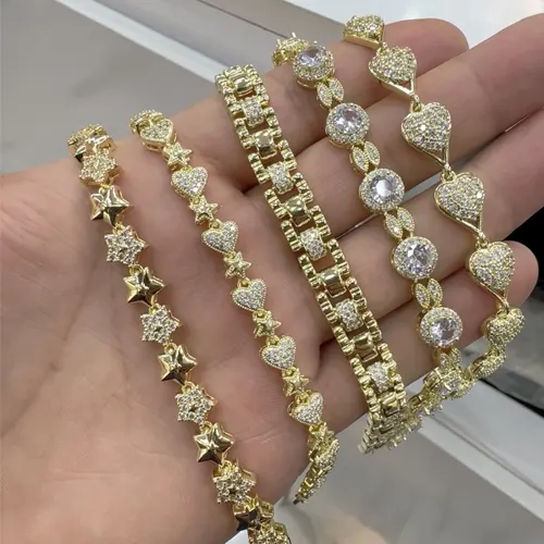 Toptan İthal 14K Altın Kaplama Taşlı Çelik Bileklik Modelleri - Premium Bayan Bileklik